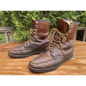 Size fits 10.5 D Moc Toe Faux Lined Brown Leather Lace up Boots Vintage 80s 90s